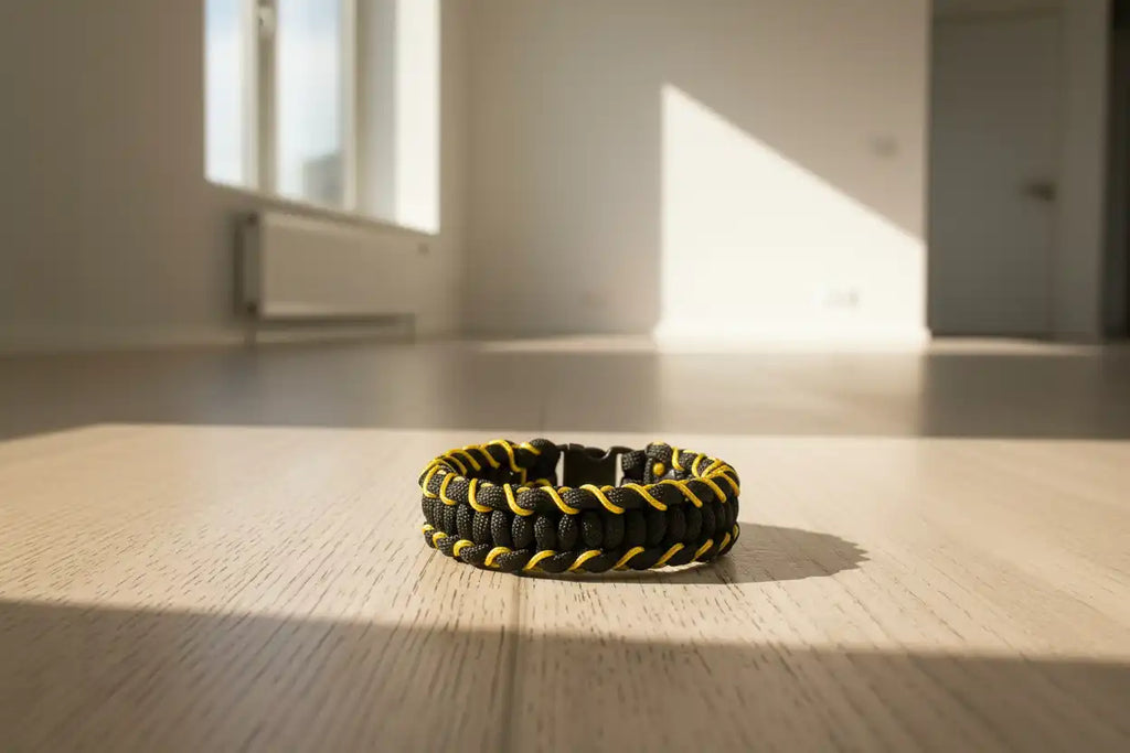 Dettaglio dell’intreccio Cobra nero e giallo in Paracord
