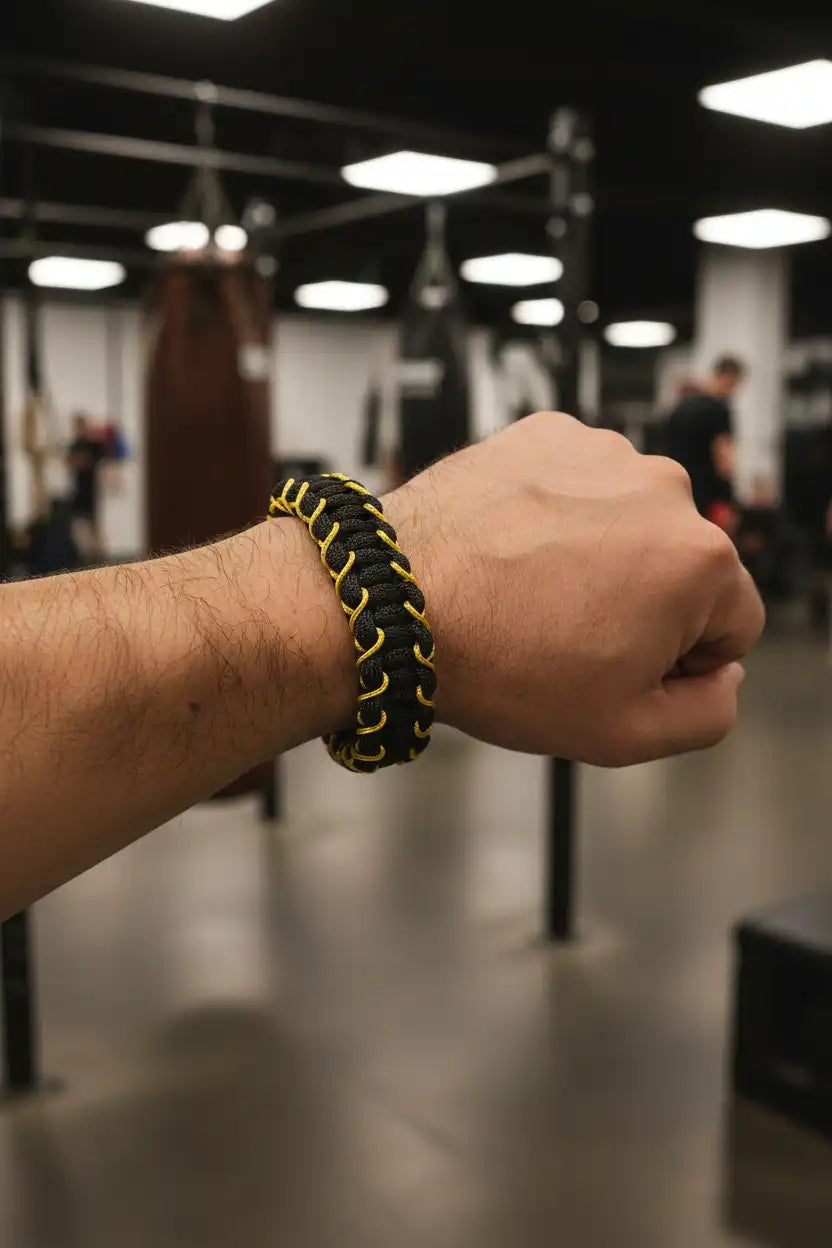 Bracciale Cobra nero e giallo fotografato in ambientazione sportiva
