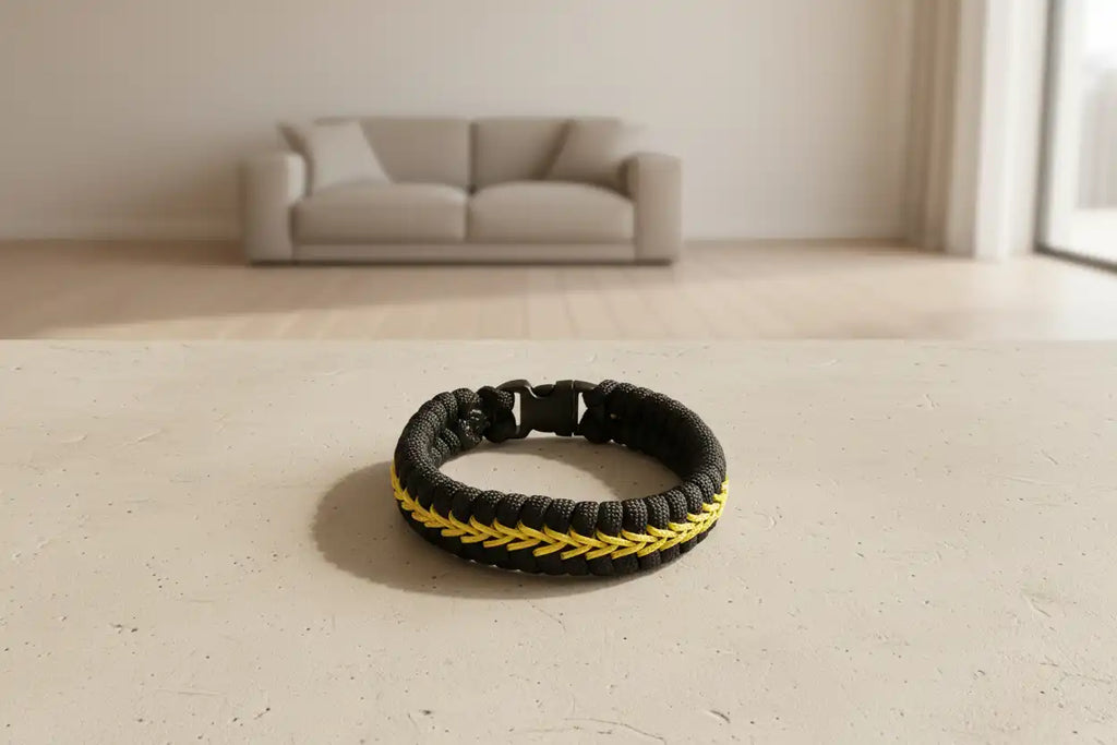 Dettaglio dell’intreccio Fishtail nero e giallo in Paracord