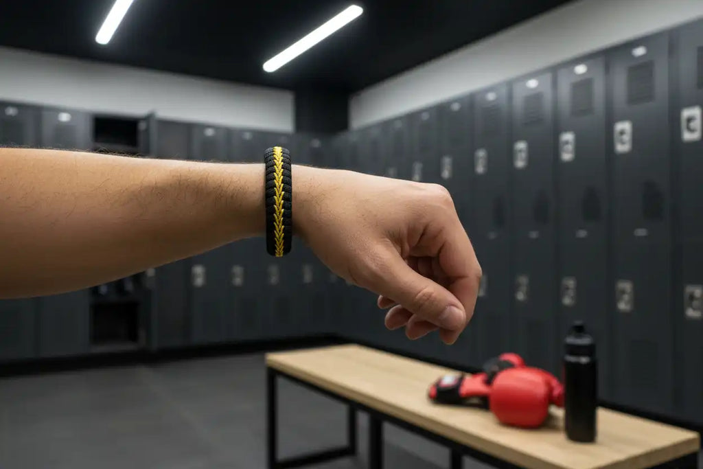 Bracciale Fishtail nero e giallo fotografato in palestra