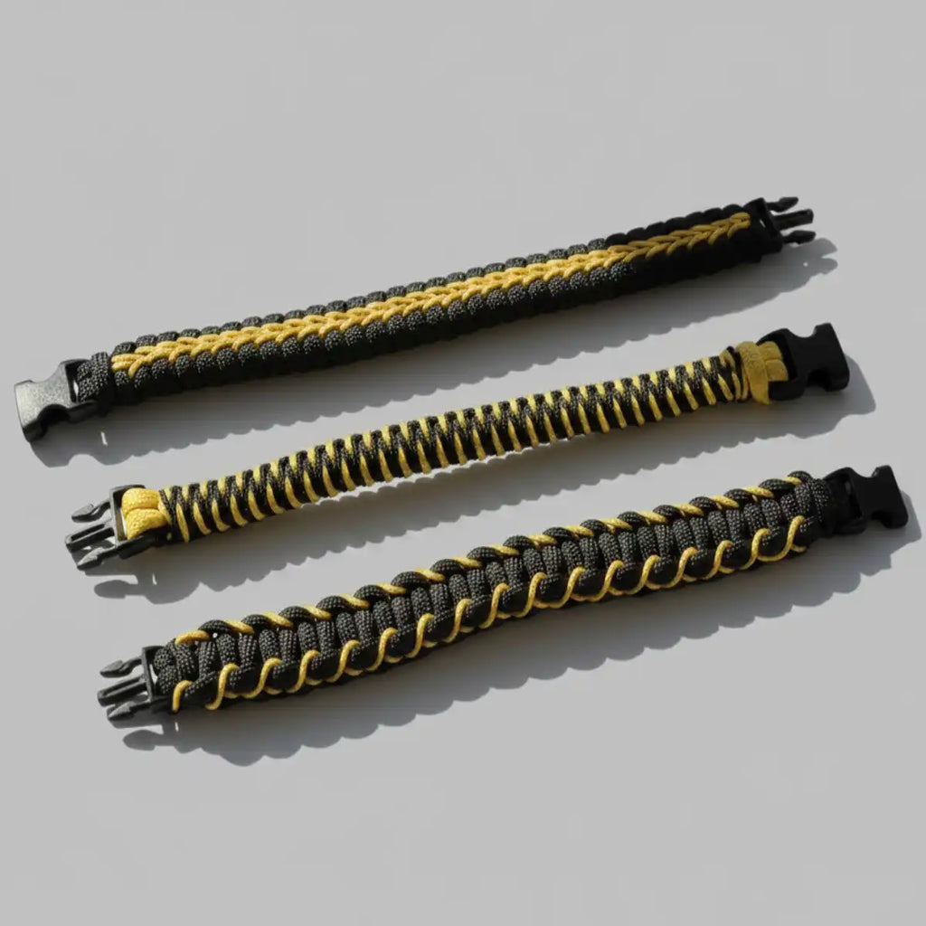 Tre bracciali Brooklyn Fitboxing in Paracord nero e giallo con intrecci differenti