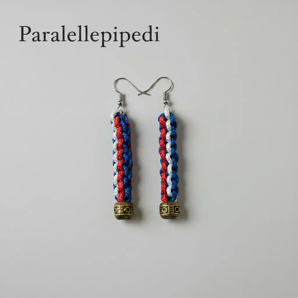 Orecchini pendenti a parallelepipedo in Microcord rosso, bianco e blu navy