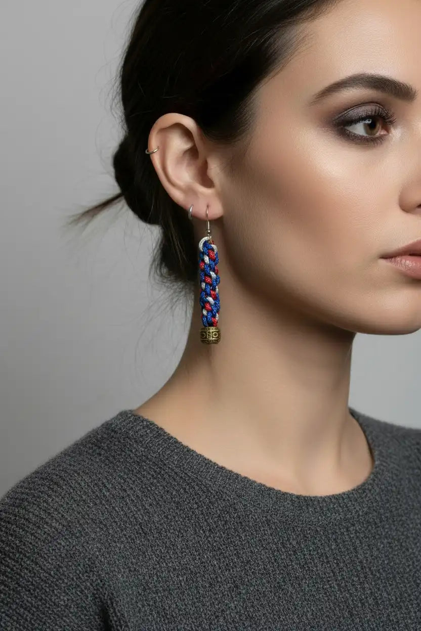 Orecchini rotondi in Microcord rosso, bianco e blu navy indossati