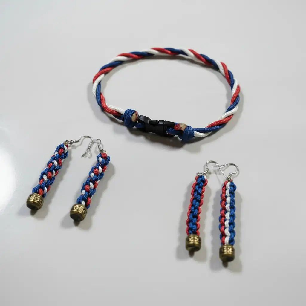 Set con collana twist e orecchini in Paracord rosso, bianco e blu navy