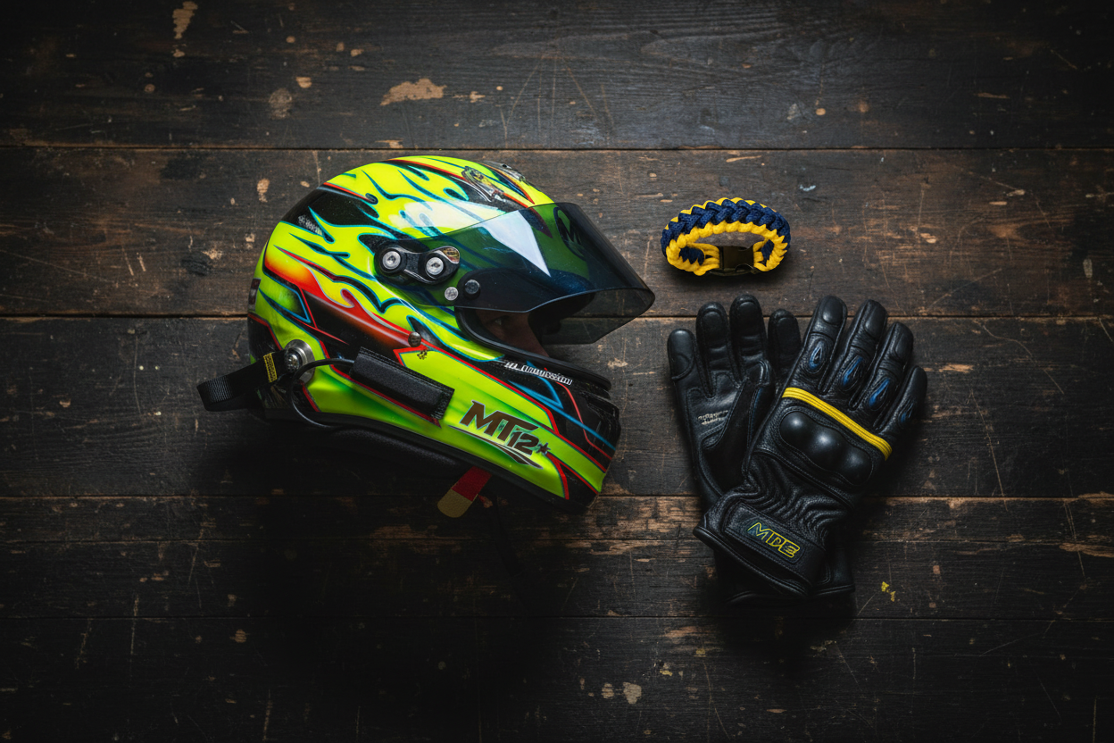 AL51 Widowmaker – casco, bracciale e guanti su tavolo da lavoro