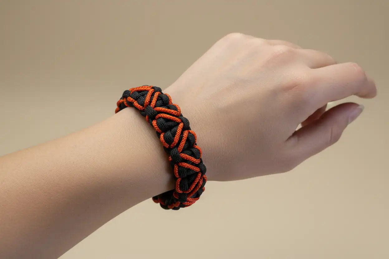Bracciale nero con cuori rossi in Paracord indossato al polso