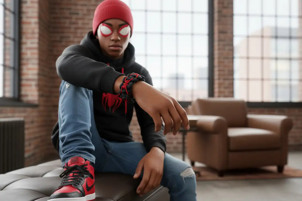 Bracciale nero e rosso in Paracord ispirato a Miles Morales indossato al polso