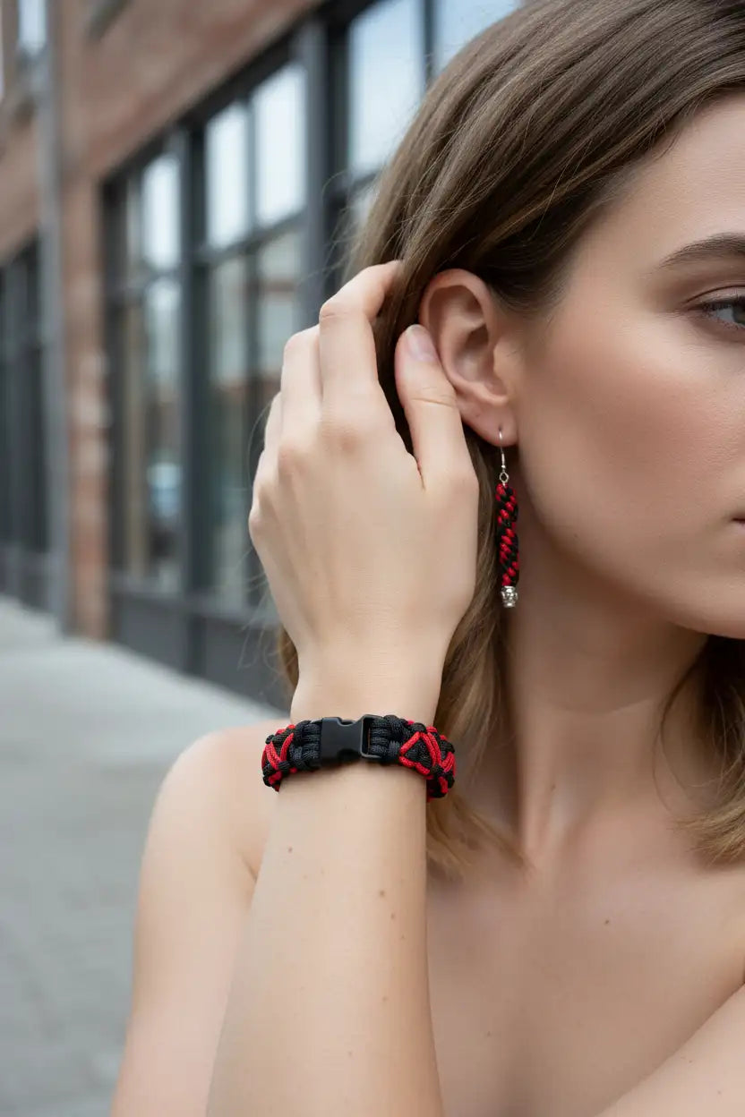 Bracciale Cobra sottile con cuori rossi e orecchini Twist coordinati