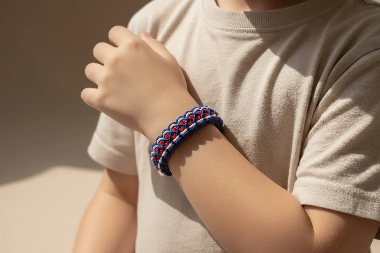 Bracciale in Paracord rosso blu e bianco ispirato a Spider-Man indossato al polso