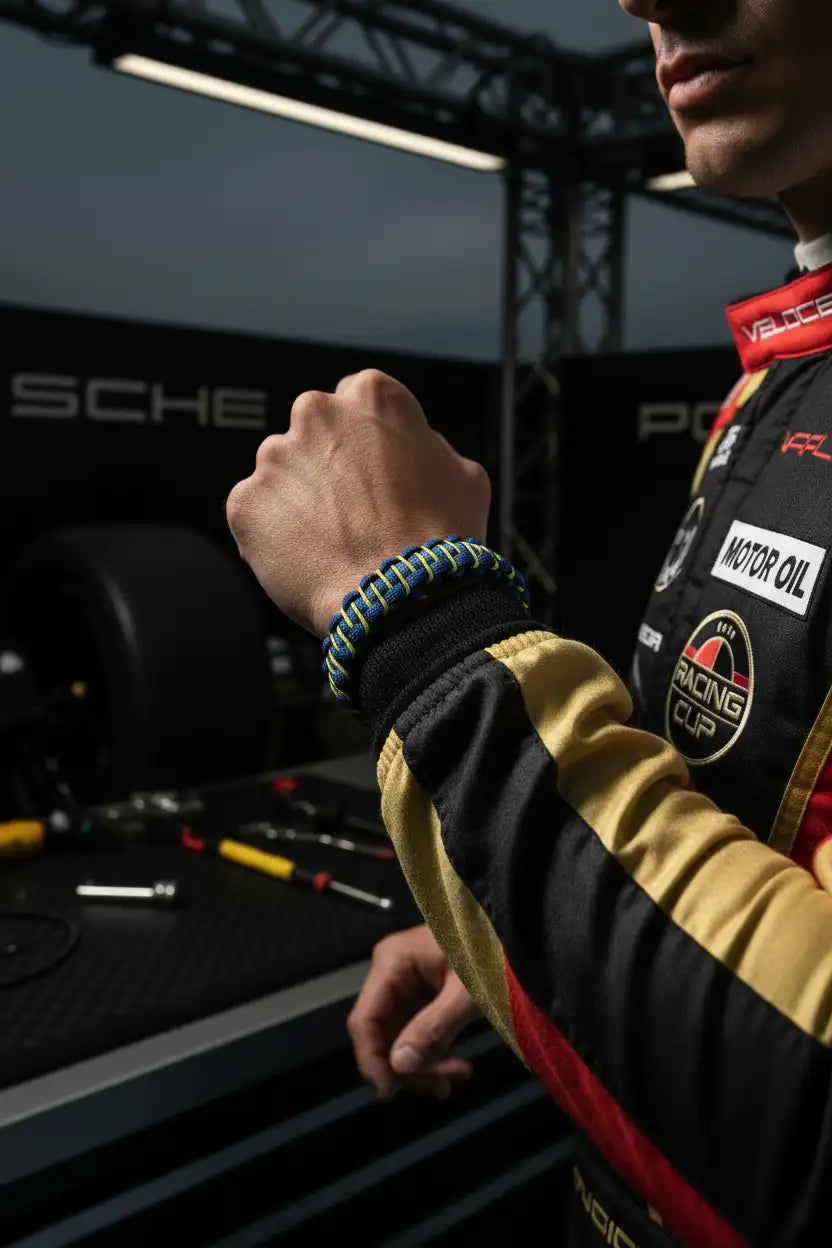 Bracciale Stitched Cobra blu e giallo indossato al polso