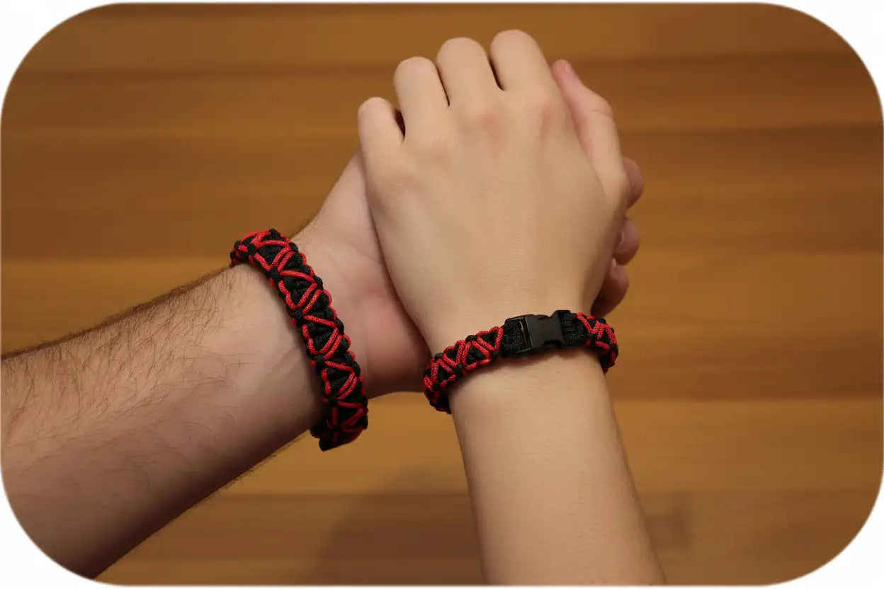 Bracciali di coppia neri con cuori rossi intrecciati indossati