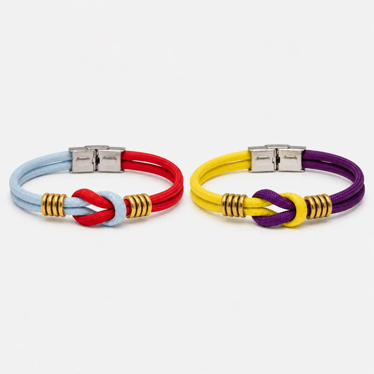 Due bracciali Nodo Marinaio in Paracord personalizzabili, uno rosso e celeste e uno giallo e viola