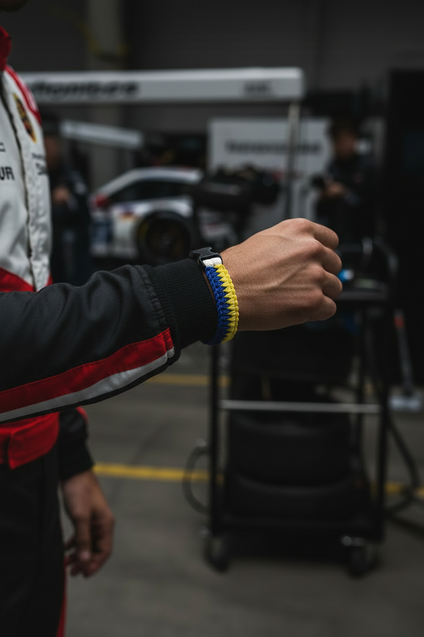 AL51 Phantom – bracciale blu e giallo indossato su tuta Porsche Mobil 1 Supercup