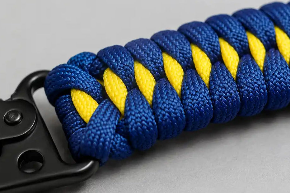 Dettaglio del nodo Dragon Teeth blu e giallo del portachiavi Dragon Key