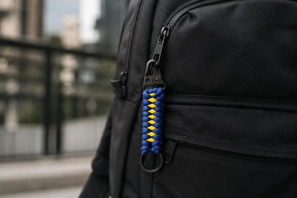 Portachiavi Dragon Key in Paracord agganciato a uno zaino urbano