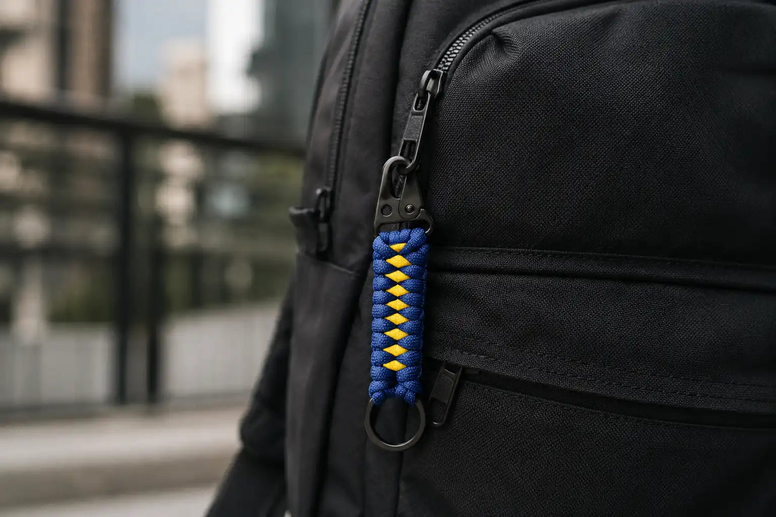 Portachiavi Dragon Key in Paracord agganciato a uno zaino urbano