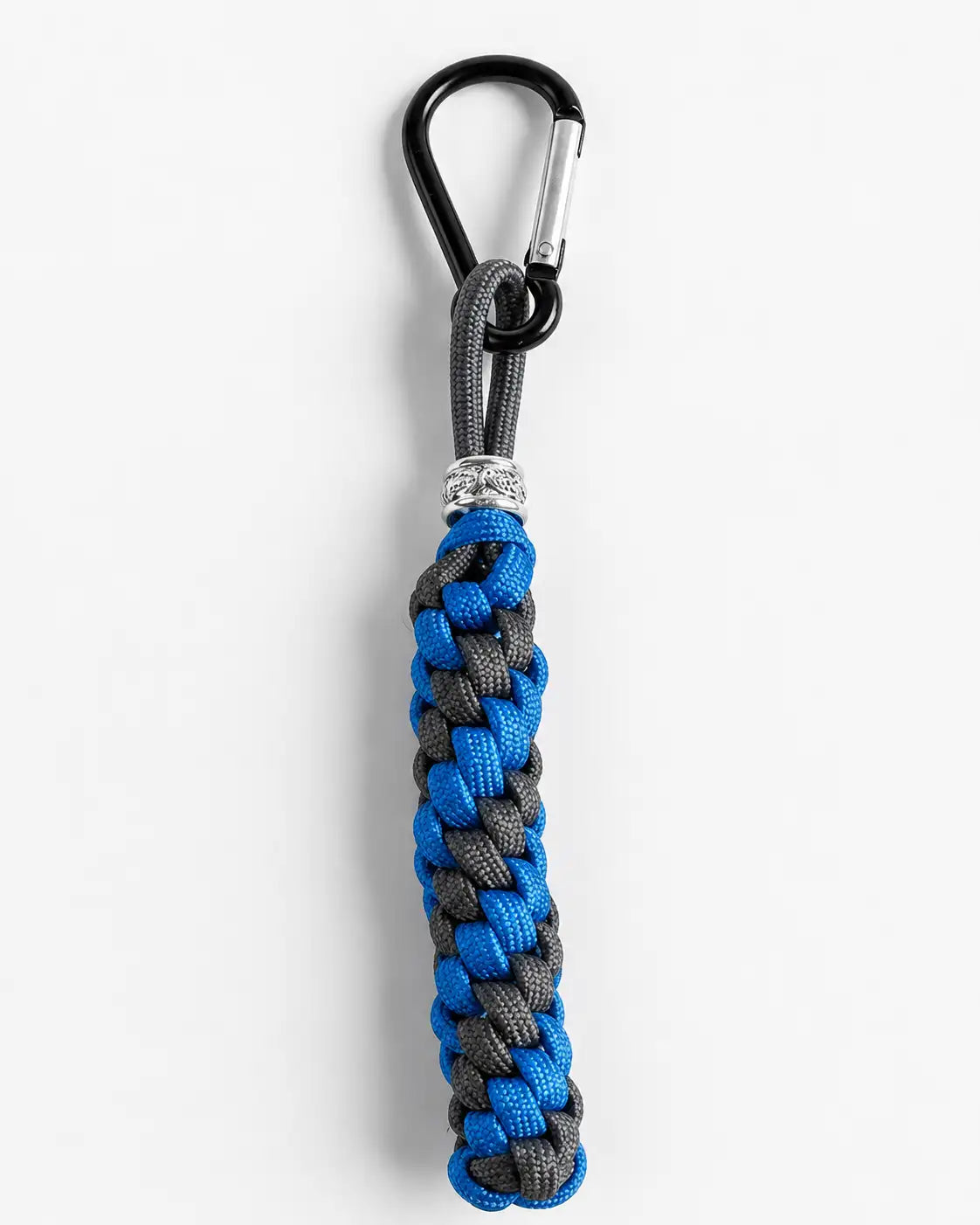Portachiavi rotondo in Paracord blu e nero intrecciato a mano