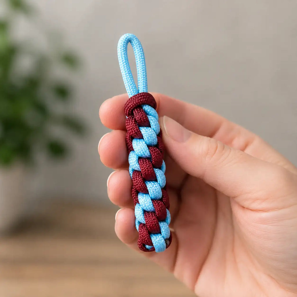 Portachiavi rotondo in Paracord tenuto in mano per mostrare dimensioni e spessore