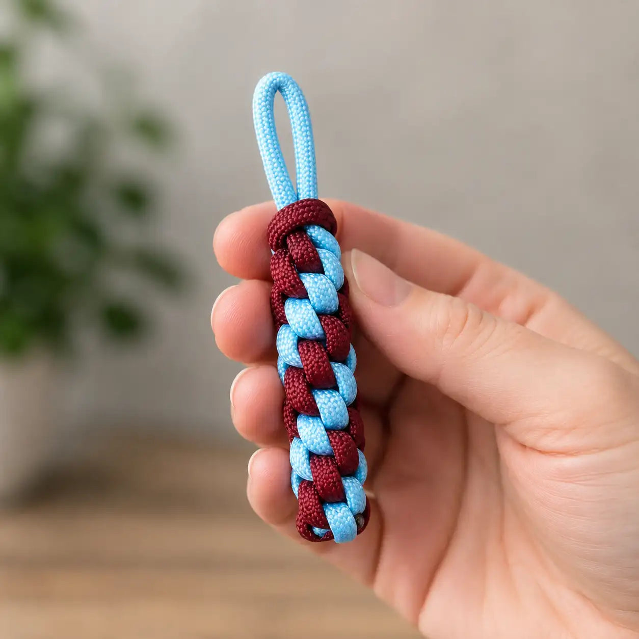 Portachiavi rotondo in Paracord tenuto in mano per mostrare dimensioni e spessore