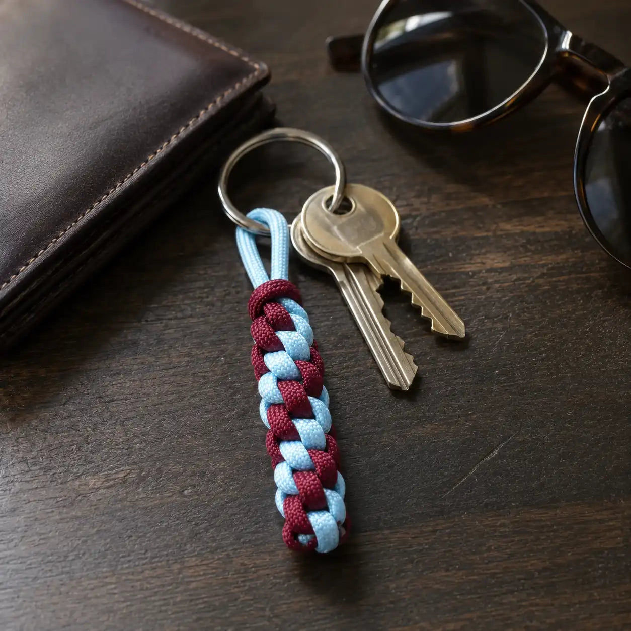 Portachiavi Scooby-Doo rotondo in Paracord con chiavi su tavolo in legno