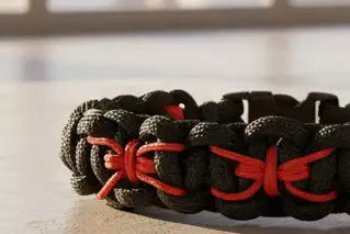 Dettaglio ragni rossi in Microcord intrecciati nel bracciale in Paracord nero
